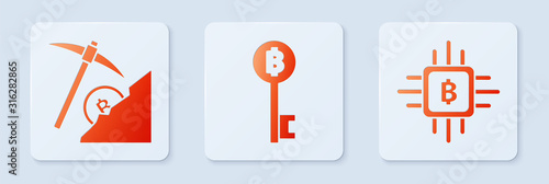Set Cryptocurrency Bitcoin key, Cryptocurrency cloud mining and CPU mining farm. White square button. Vector