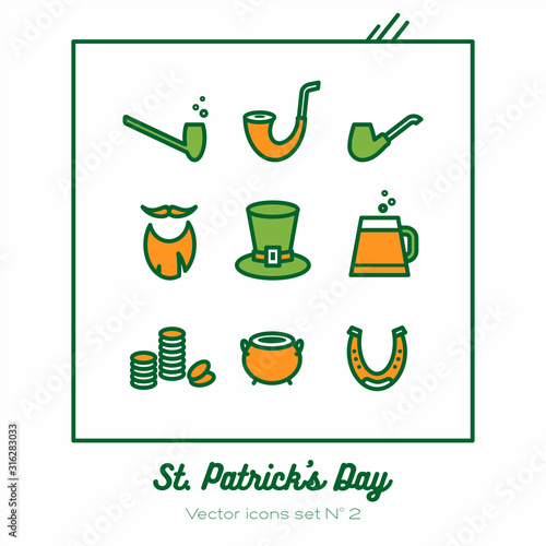 Saint Patricks day vector icons set. Green orange line art flat icons for logo, sign, buttons. Minimalist st Patricks day menu, flyer, poster. Isolated clover, beer glass, leprechaun hat, smoking pipe