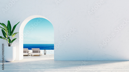 Brama do widoku na morze Renderowanie 3D w stylu wyspy Santorini