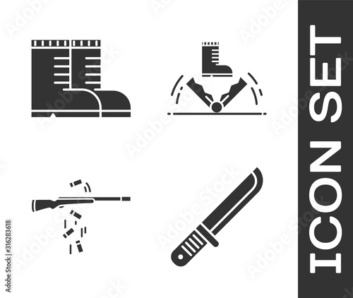Set Hunter knife, Hunter boots, Gun shooting and Trap hunting icon. Vector