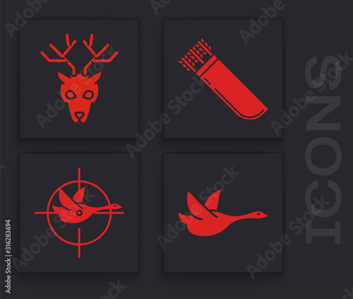 Set Flying duck, Deer head with antlers, Quiver with arrows and Hunt on duck with crosshairs icon. Vector