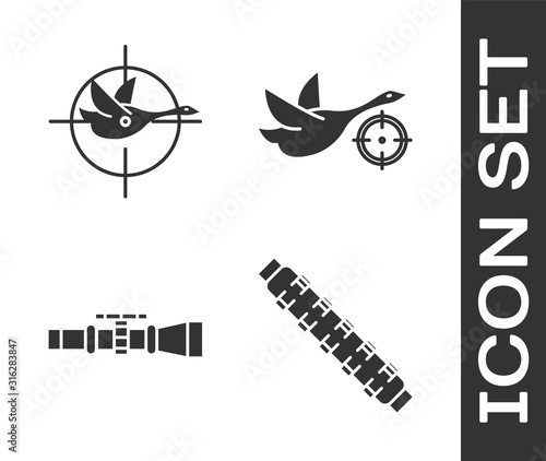 Set Hunting cartridge belt with cartridges, Hunt on duck with crosshairs, Sniper optical sight and Hunt on duck with crosshairs icon. Vector