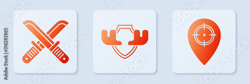 Set Moose horns on shield, Crossed hunter knife and Hunt place. White square button. Vector