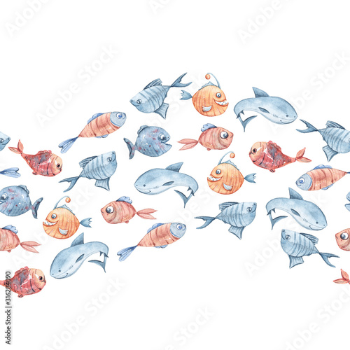 Watercolor hand painted sea life illustration. Seamless pattern on white background. Whale  fish  wave collection. Perfect for textile design  fabric  wrapping paper  scrapbooking