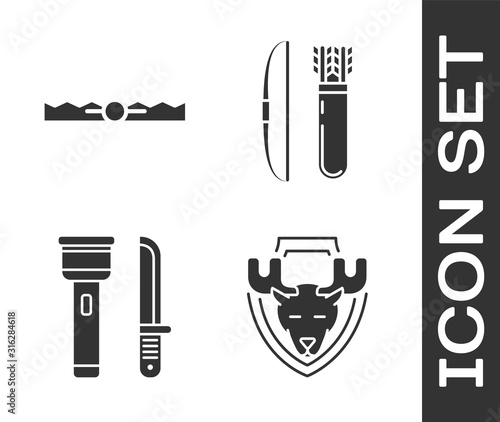 Set Moose head on shield, Trap hunting, Flashlight and knife and Bow and arrow in quiver icon. Vector