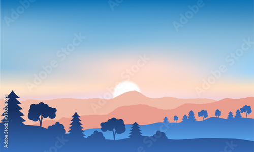 Blue nature backdrop. Mountain and tree with sunrise on sky.