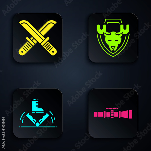 Set Sniper optical sight, Crossed hunter knife, Trap hunting and Moose head on shield. Black square button. Vector