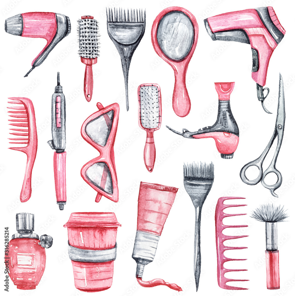 Hairstyling set. Real watercolor drawing. Hand drawn tools for hairdresser,  brush, dryer, hairbrush, hair curling iron, Hair Iron, isolated on white  Stock Photo - Alamy