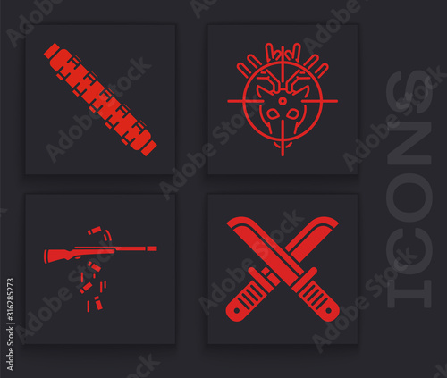 Set Crossed hunter knife, Hunting cartridge belt with cartridges, Hunt on deer with crosshairs and Gun shooting icon. Vector