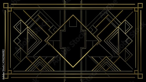 Gatsby Art deco 20's style animated pattern. Gold modern early 20th century ornament builds up and appears on black background. Geometric elegant abstract with glamorous shiny lines with flare