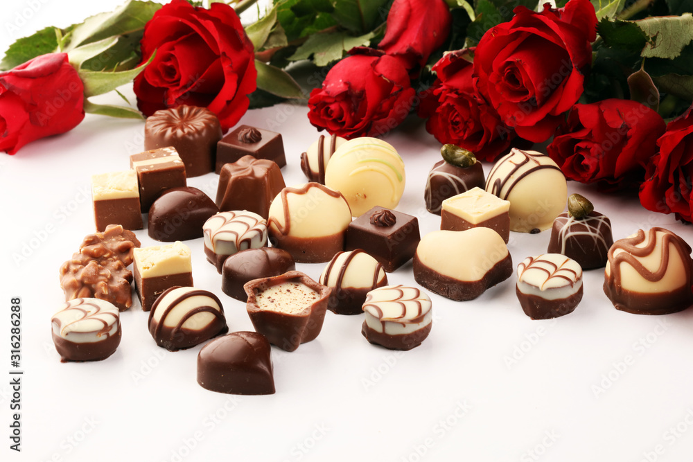 Chocolates Pralines and Roses Perfect Combination for the Woman You Love. Valentines Day Chocolates Pralines and Roses Perfect Combination for the Woman You Love. Valentines Day
