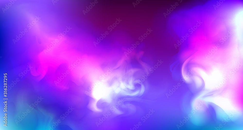 Color fog. Bursts of light in purple fog. Blurry shadows and rays of light. Copy space. Mystic spectacular abstract colored smoke. Isolated colorful purple background. Vector stock illustration. 