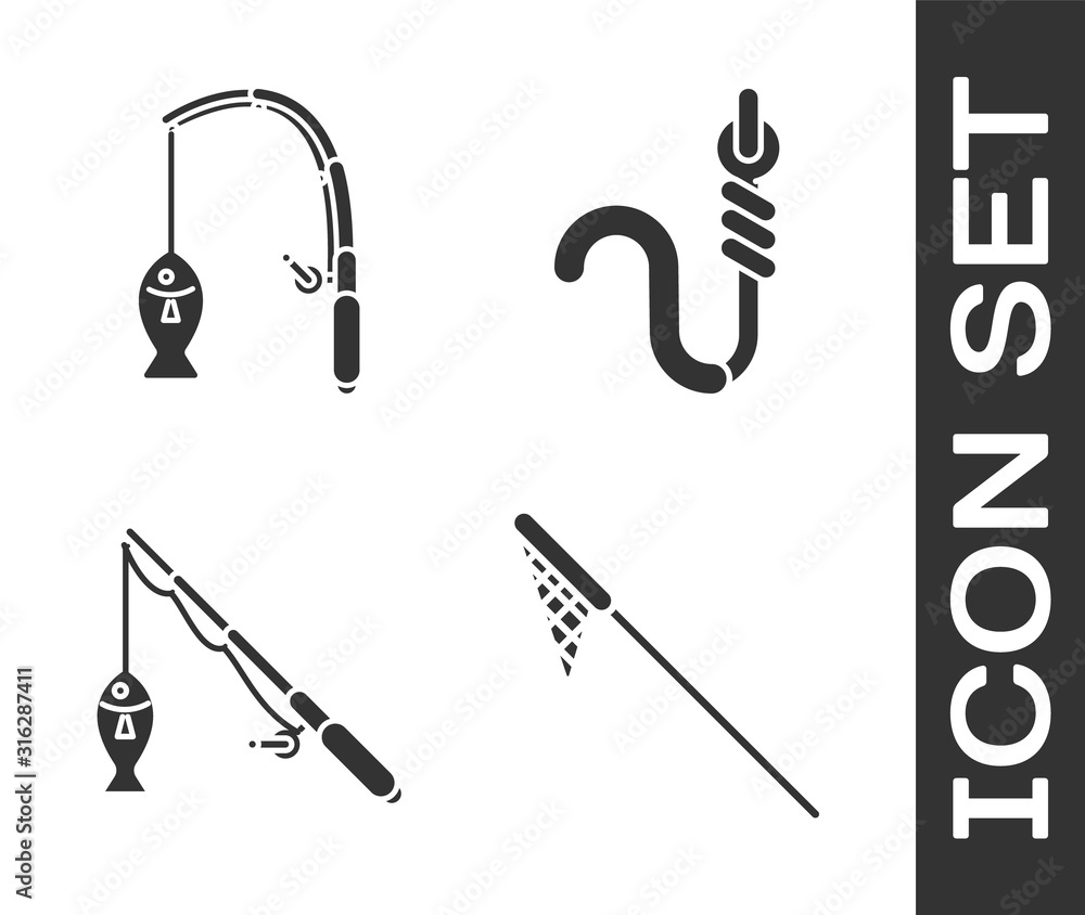 Set Fishing net, Fishing rod and fish, Fishing rod and fish and Fishing hook  and worm icon. Vector Stock Vector