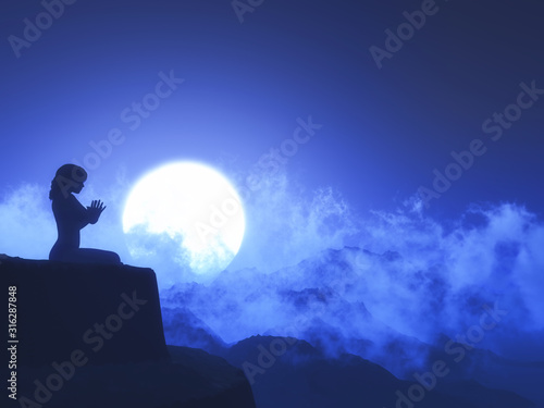 3D female in yoga pose on clifftop against sunset landscape