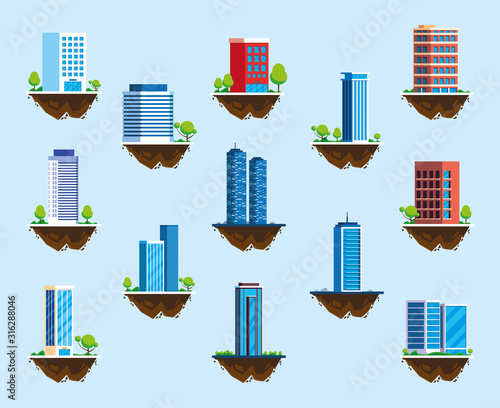 set of icons of buildings over terrain, urban landscape