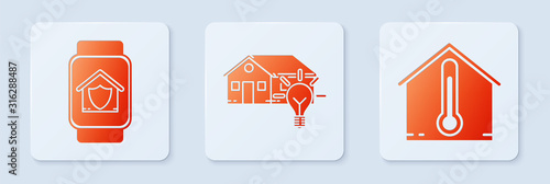 Set Smart house and light bulb, Smart watch with house under protection and House temperature. White square button. Vector