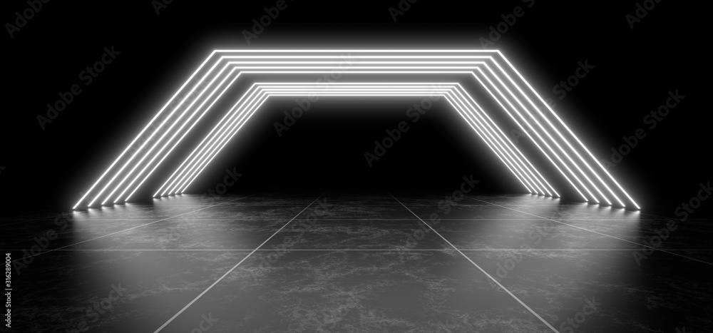 Beautiful composition of white neon lights on a black background. 3d rendering image.