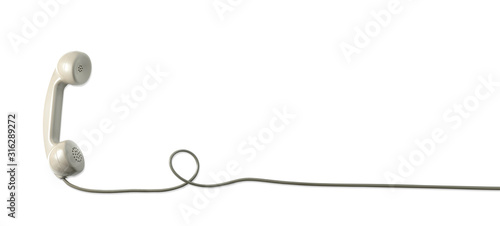 A grey vintage dial telephone handset with white background. 