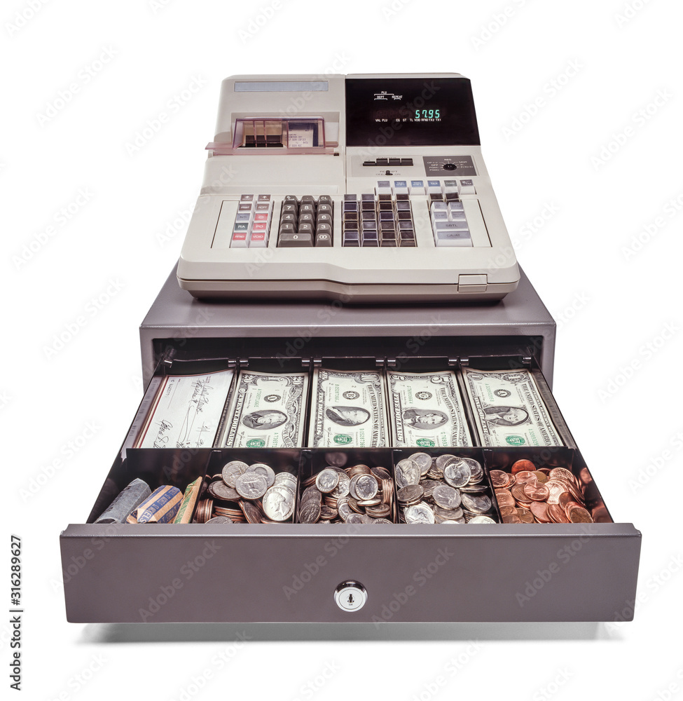  cash register with open drawer showing coins and currency - obrazy, fototapety, plakaty 