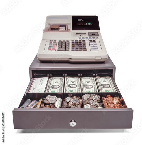  cash register with open drawer showing coins and currency