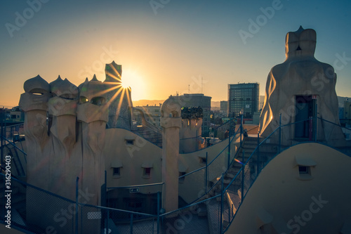 Sculptures on a rooftop in Barcelona Spain