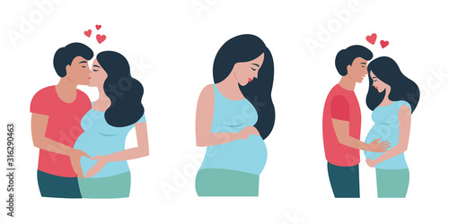 Happy loving young couple waiting for a baby. Pregnant young beautiful woman. Vector illustration