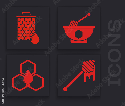 Set Honey dipper stick with dripping honey, Honeycomb, Honey dipper stick and bowl and Honeycomb icon. Vector