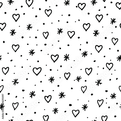 Valentine s day seamless pattern with hearts and snowflakes. Delicate pink background for cards  prints  greetings. Hand drawing doodle vector. Stock illustration.