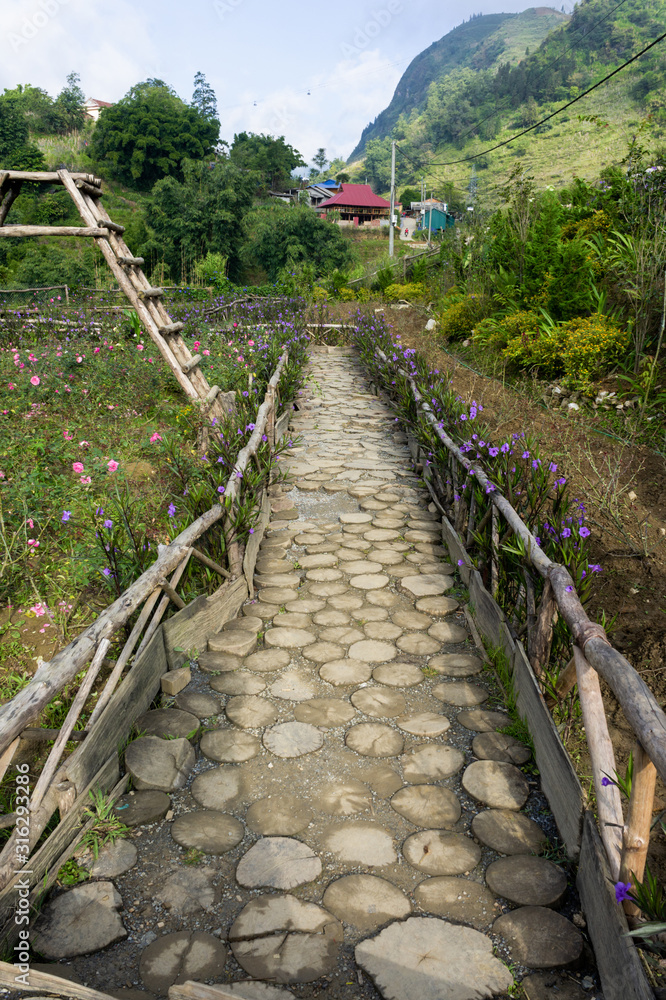 The path in the garden of wooden round logs. Wood texture. In the park to protect plants from people walking Walk through the flower garden. Background in rustic style. Sapa, Vietnam