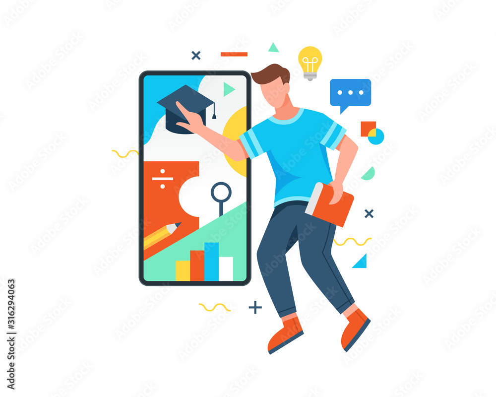 Student holding book touching graduation hat on smartphone screen Student holding book touching graduation hat on smartphone screen