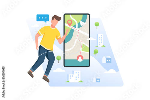 Young men looking for location of place or friend position with mobile application