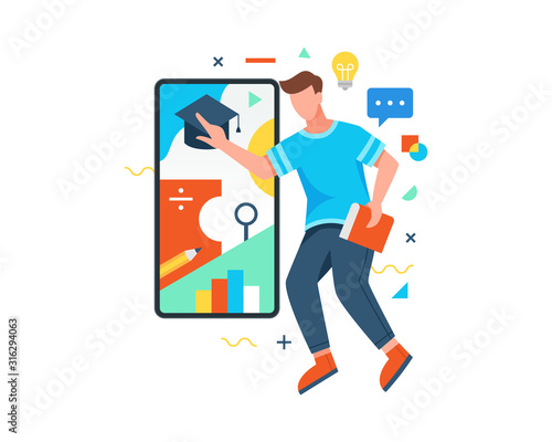 Student holding book touching graduation hat on smartphone screen