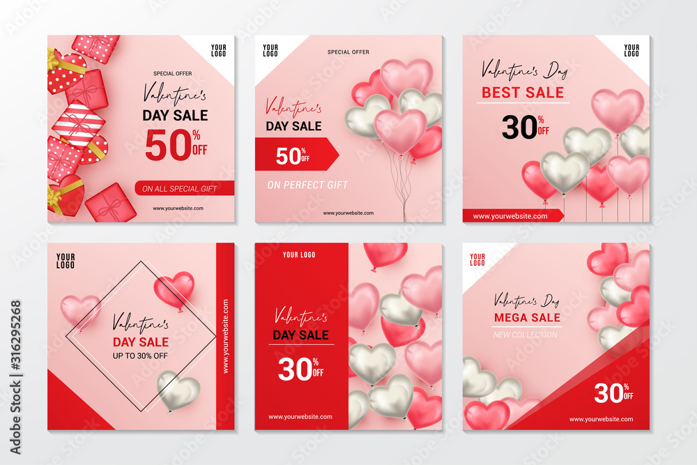 Plakat set of valentines sale banner for social media post template vector