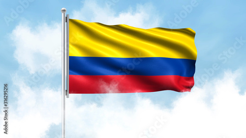 Colombia Flag Waving with Clouds Sky Background