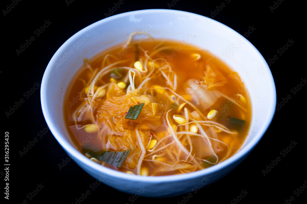 Kimchee and bean sprout soup which is called kimchee kongnamul guk in Korean Kimchee and bean sprout soup which is called kimchee kongnamul guk in Korean