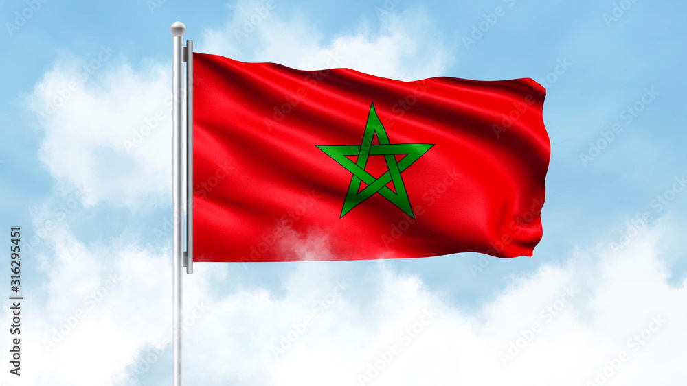 Naklejka premium Morocco Flag Waving with Clouds Sky Background