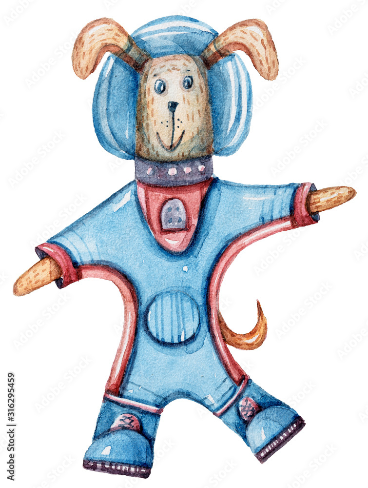 Fototapeta premium Watercolor hand painted clipart- cartoon dog cosmonaut. International Day of Human Space Flight. Illustration on white background.