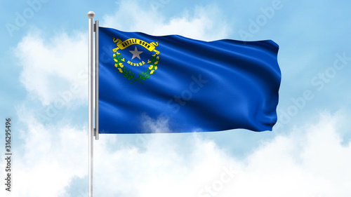 Nevada Flag Waving with Clouds Sky Background