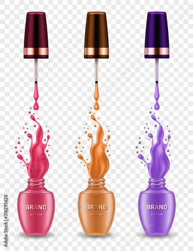 Set of realistic nail polish bottles with splashes on transparent background. Design element for cosmetic brand advertising poster