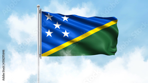 Solomon Islands Flag Waving with Clouds Sky Background