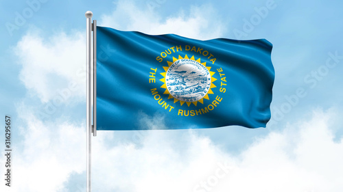 South Dakota Flag Waving with Clouds Sky Background photo