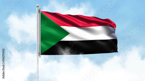 Sudan Flag Waving with Clouds Sky Background