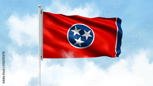 Tennessee Flag Waving with Clouds Sky Background