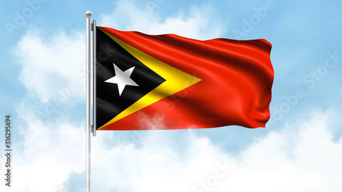 Timor-Leste Flag Waving with Clouds Sky Background