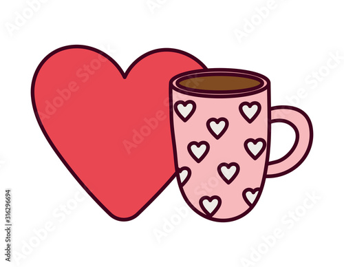 happy valentines day, hot coffee cup and red heart love