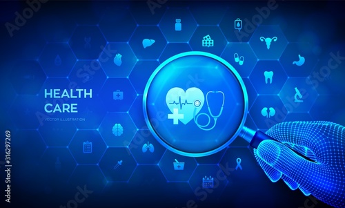 Health care and medical services concept with magnifier in wireframe hand and icons. Magnifying glass and healthcare diagnosis and treatment infographic on virtual screen. Vector illustration.