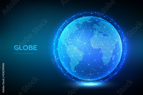 Earth globe illustration. World map point and line composition concept of global network connection. Blue futuristic background with planet Earth. Internet and technology. Vector illustration.
