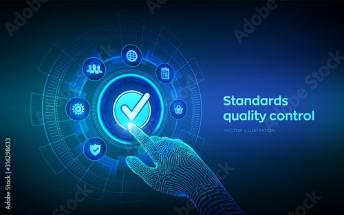 ISO standards quality control assurance warranty business technology concept. ISO standardization certification industry service concept. Robotic hand touching digital interface. Vector illustration.