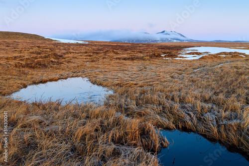 Landscape with swampy tundra and hills. The beginning of June in the Arctic. Traveling and hiking in the far north of Russia. Chukotka  Siberia  Russian Far East.