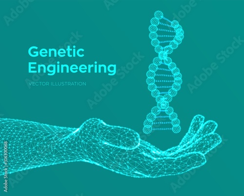DNA sequence in hand. Wireframe DNA molecules structure mesh. DNA code editable template. Science and Technology concept. Vector illustration.